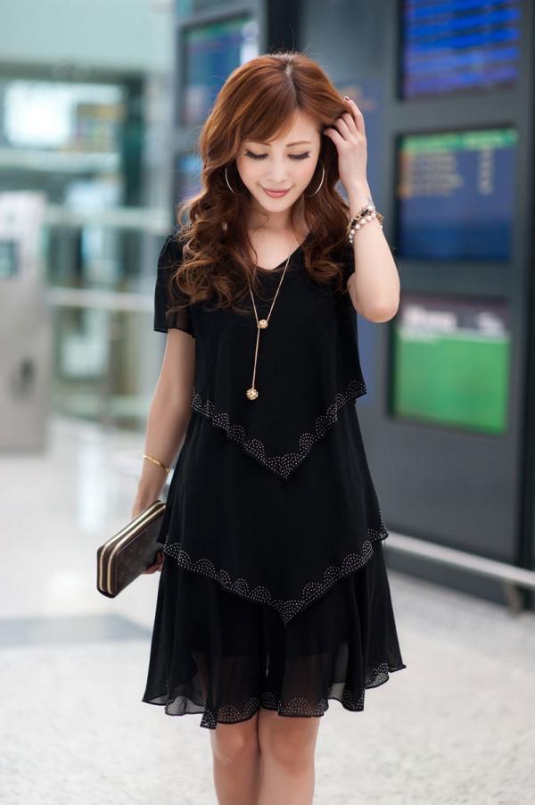 Chiffon Knee Length Party Dress Black