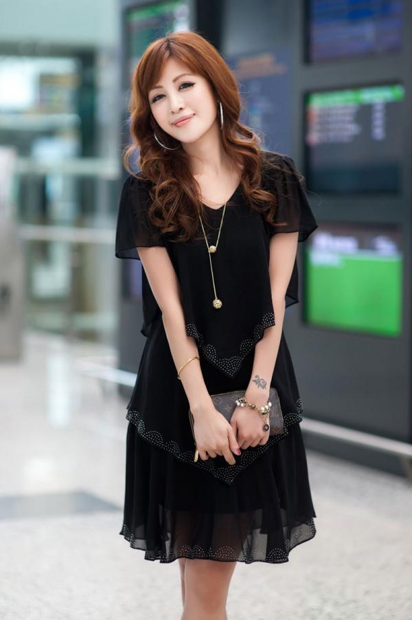 Chiffon Knee Length Party Dress Black