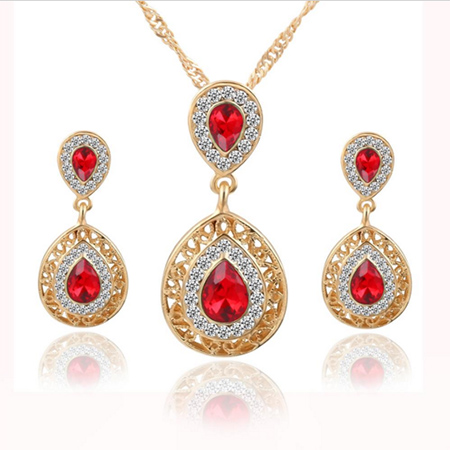 Charm Crystal Water Drop Pendant Necklaces Earrings Jewellery Set - Red ...