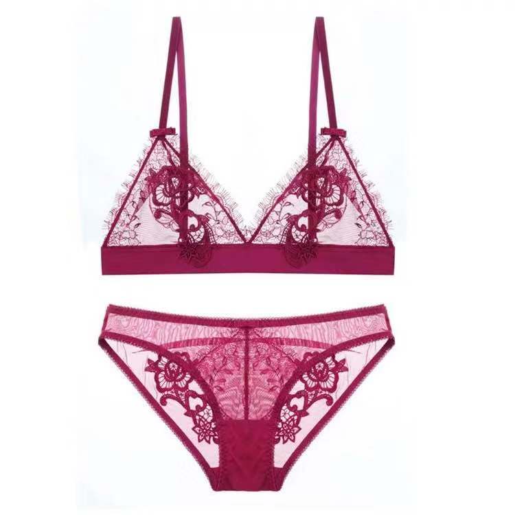 Dark Angels Lace Bra & Brief Set Lady Water Soluble Flowers No Undrwire -  Maroon 