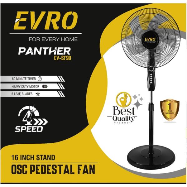 Evro Panther 5 Blade 4 Speed Pedestal Stand Fan With Timer - EV-SF90